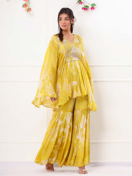Floral Printed Chinnon Peplum Kurta With Garara