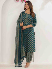 Floral Print Cotton Kurta With Pants & Dupatta