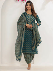 Floral Print Cotton Kurta With Pants & Dupatta