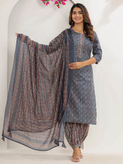 Floral Print Cotton Kurta With Pants & Dupatta