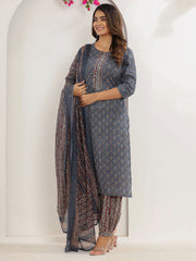 Floral Print Cotton Kurta With Pants & Dupatta