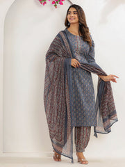 Floral Print Cotton Kurta With Pants & Dupatta