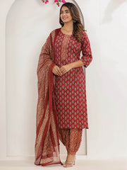 Floral Print Cotton Kurta With Pants & Dupatta