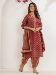 Floral Print Cotton Kurta With Pants & Dupatta