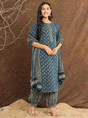 Floral Print Cotton Kurta With Pants & Dupatta