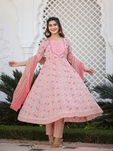 Floral Print Anarkali Kurta Suit Set with Dupatta