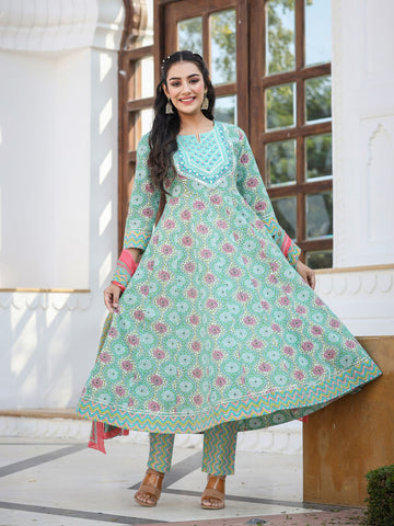 Floral Print Anarkali Kurta Suit Set with Dupatta