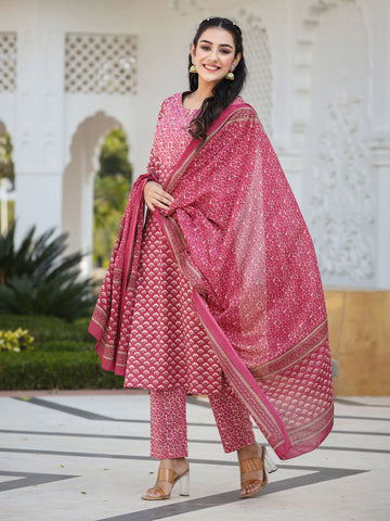 Floral Printed Cotton Kurta With Pants With Dupatta