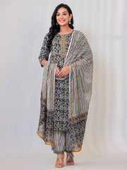 Floral Print Cotton Kurta With Pants & Dupatta