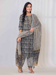 Floral Print Cotton Kurta With Pants & Dupatta