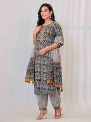 Floral Print Cotton Kurta With Pants & Dupatta