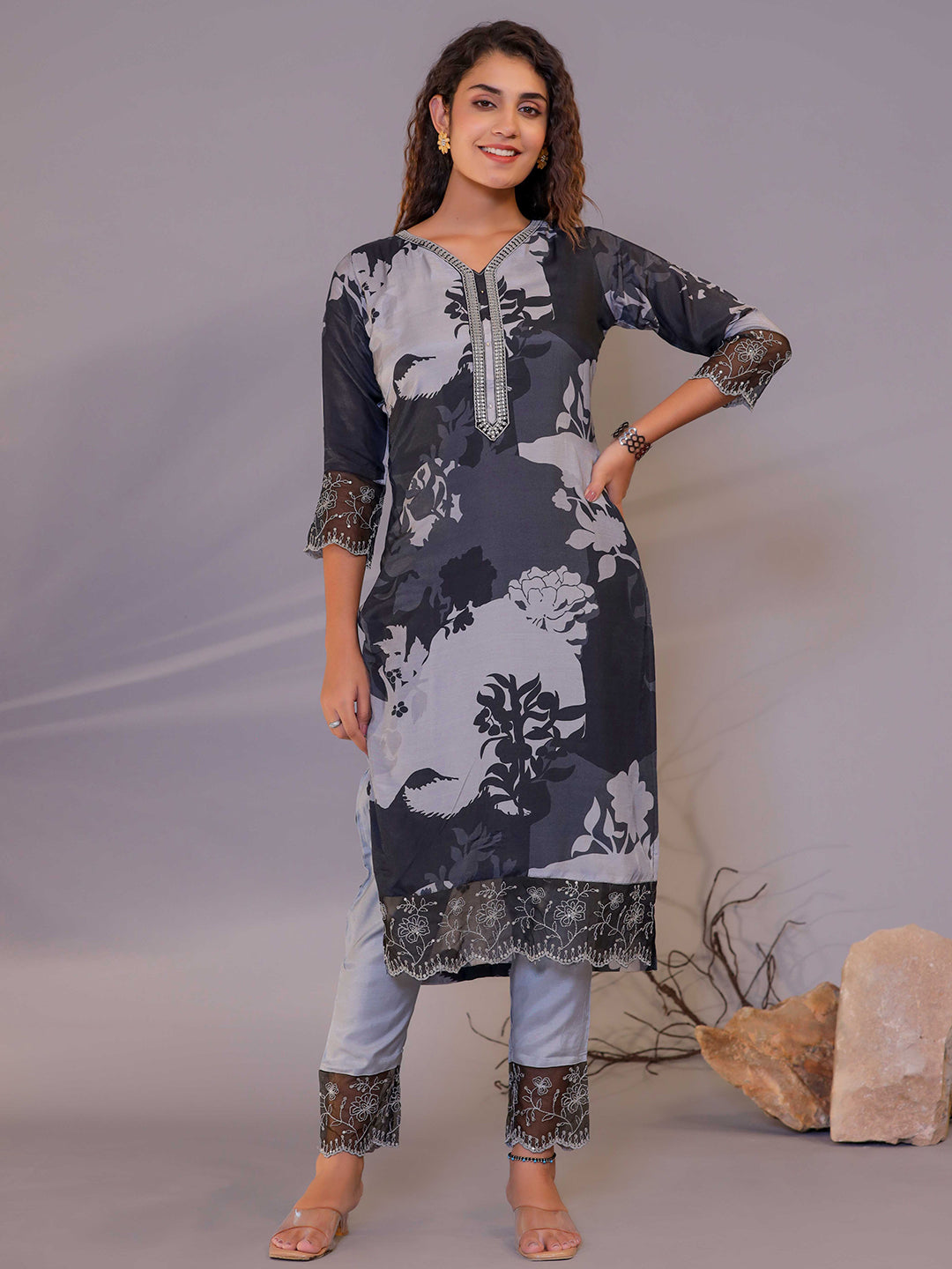 Gray Lace Work Detailed Cotton Suit With Embroidery