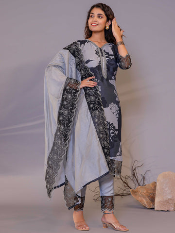Gray Lace Work Detailed Cotton Suit With Embroidery