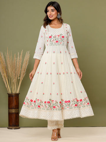 Resham Embroidery Cotton Suit Set With Dupatta