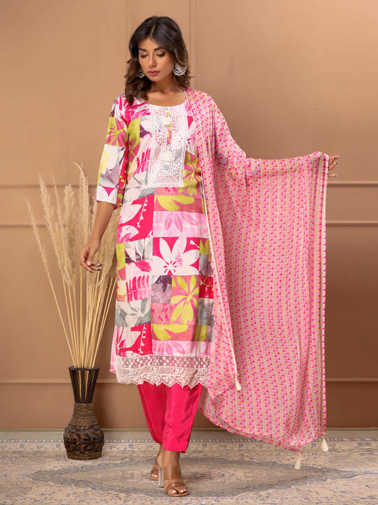 Three-piece Floral Cotton Stitched Suit With Dupatta