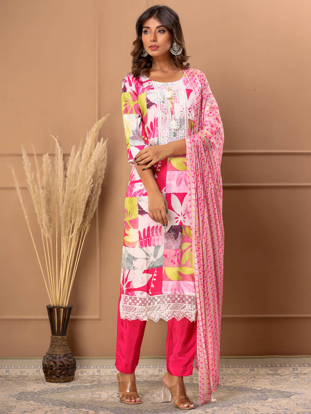 Three-piece Floral Cotton Stitched Suit With Dupatta