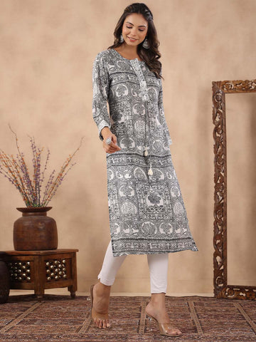 Printed Round Neck Muslin Kurta