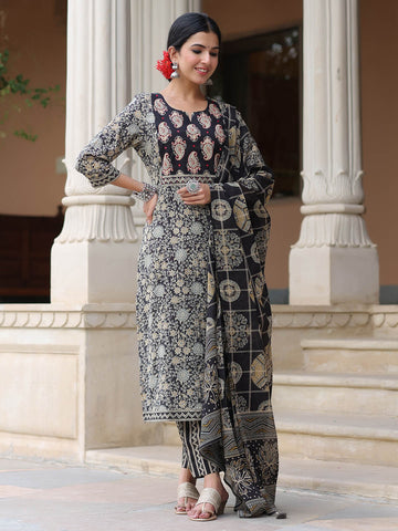 Printed Cotton Kurta With Pants & Dupatta