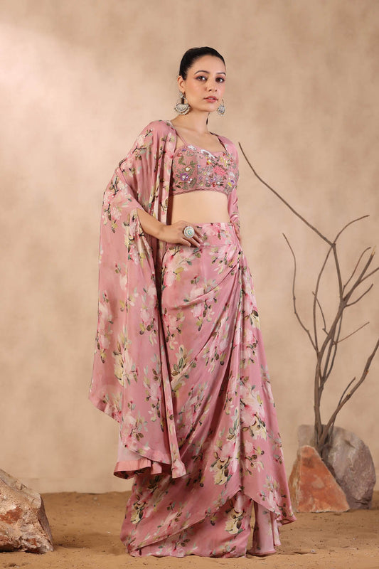 Floral Printed Crepe Cape And Dhoti Skirt Set