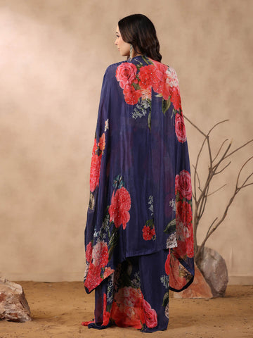 Printed Crepe Cape And Dhoti Skirt Set
