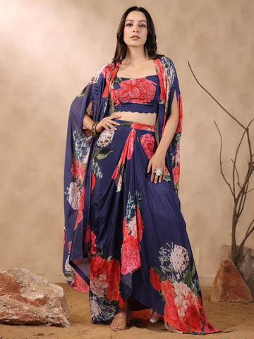 Printed Crepe Cape And Dhoti Skirt Set