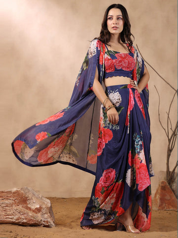 Printed Crepe Cape And Dhoti Skirt Set