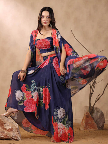 Printed Crepe Cape And Dhoti Skirt Set