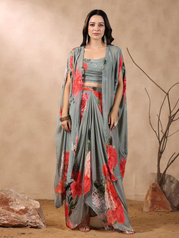 Printed Crepe Cape And Dhoti Skirt Set
