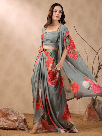 Printed Crepe Cape And Dhoti Skirt Set