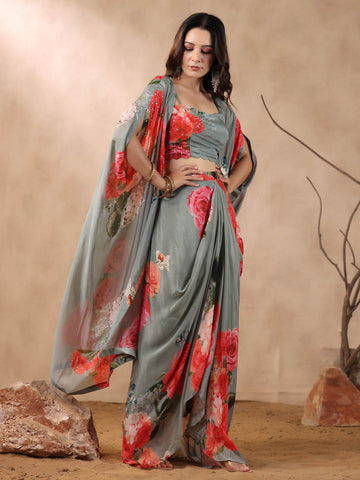 Printed Crepe Cape And Dhoti Skirt Set