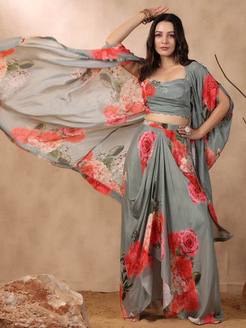 Printed Crepe Cape And Dhoti Skirt Set