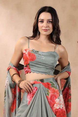 Printed Crepe Cape And Dhoti Skirt Set