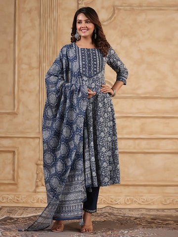 Floral Printed Anarkali Kurta With Pants & Dupatta