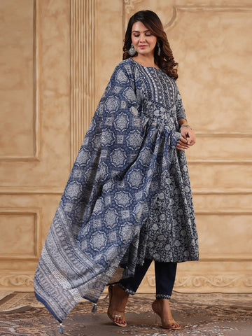 Floral Printed Anarkali Kurta With Pants & Dupatta