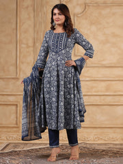 Floral Printed Anarkali Kurta With Pants & Dupatta