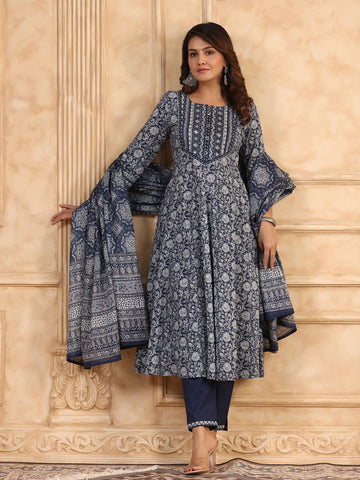 Floral Printed Anarkali Kurta With Pants & Dupatta