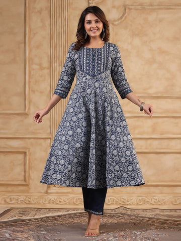 Floral Printed Anarkali Kurta With Pants & Dupatta