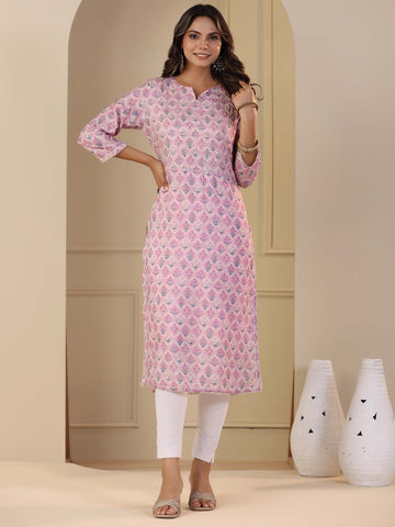 Floral Printed Round Neck Muslin Kurta