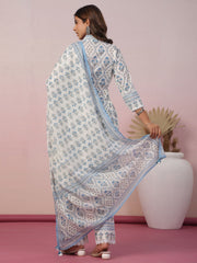 Floral Block Printed Cotton Kurta With Pants & Dupatta