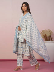 Floral Block Printed Cotton Kurta With Pants & Dupatta