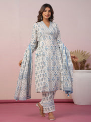 Floral Block Printed Cotton Kurta With Pants & Dupatta