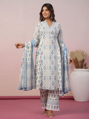 Floral Block Printed Cotton Kurta With Pants & Dupatta