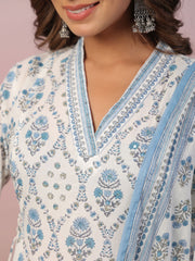 Floral Block Printed Cotton Kurta With Pants & Dupatta