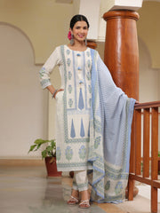 Floral Printed Cotton Kurta With Pants & Dupatta