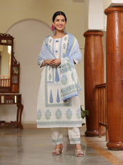 Floral Printed Cotton Kurta With Pants & Dupatta