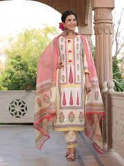 Floral Printed Cotton Kurta With Pants & Dupatta