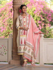 Floral Printed Cotton Kurta With Pants & Dupatta