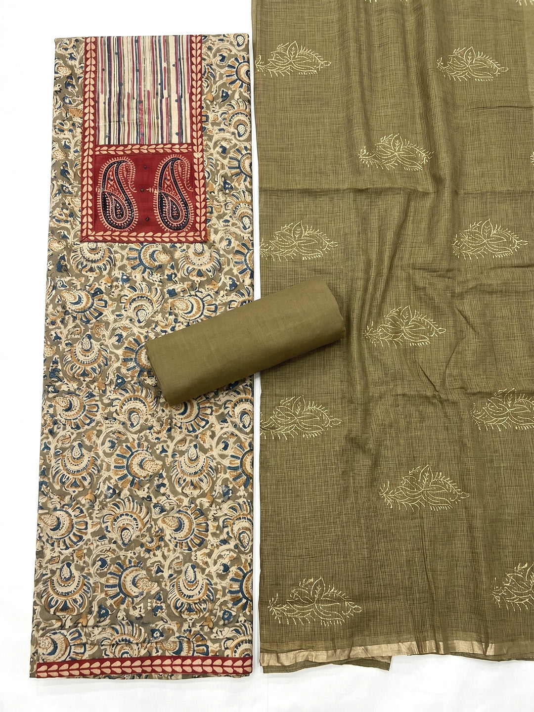 Printed Cotton Blend Unstitched Suit With Pant &amp; Dupatta