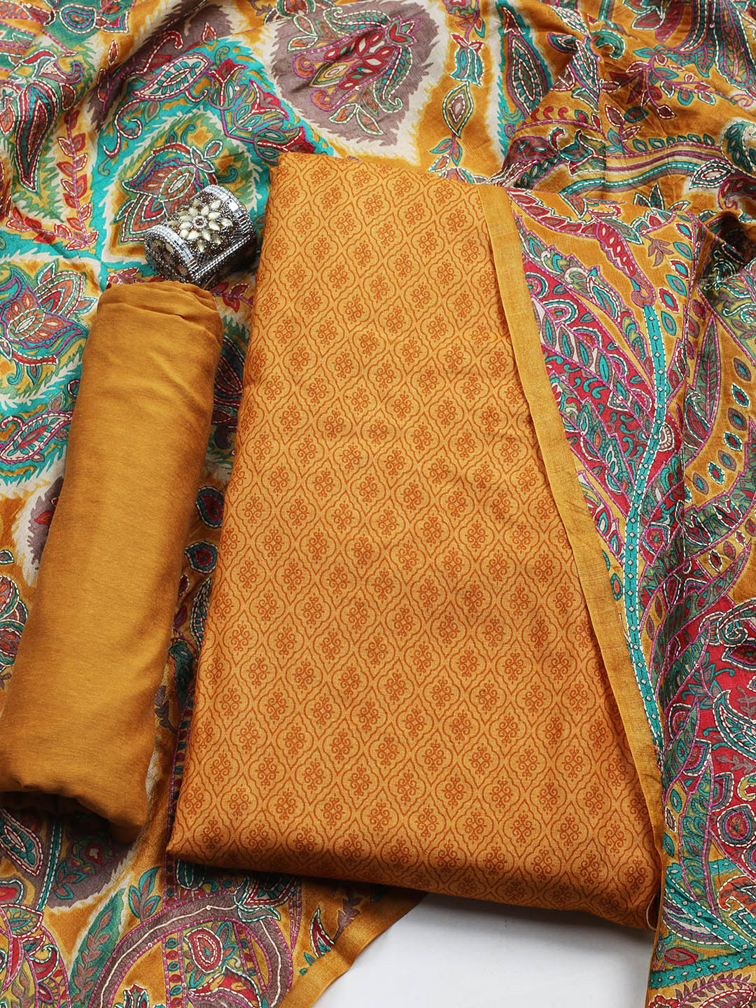 Printed Tussar Unstitched Kurta With Pant &amp; Dupatta