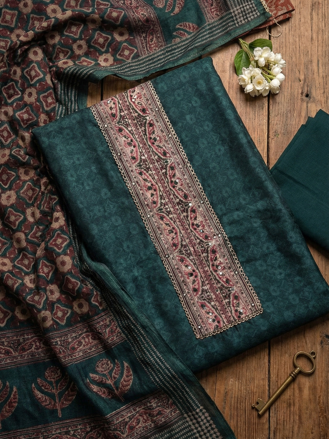 Printed Chanderi Unstitched Suit With Pant &amp; Dupatta